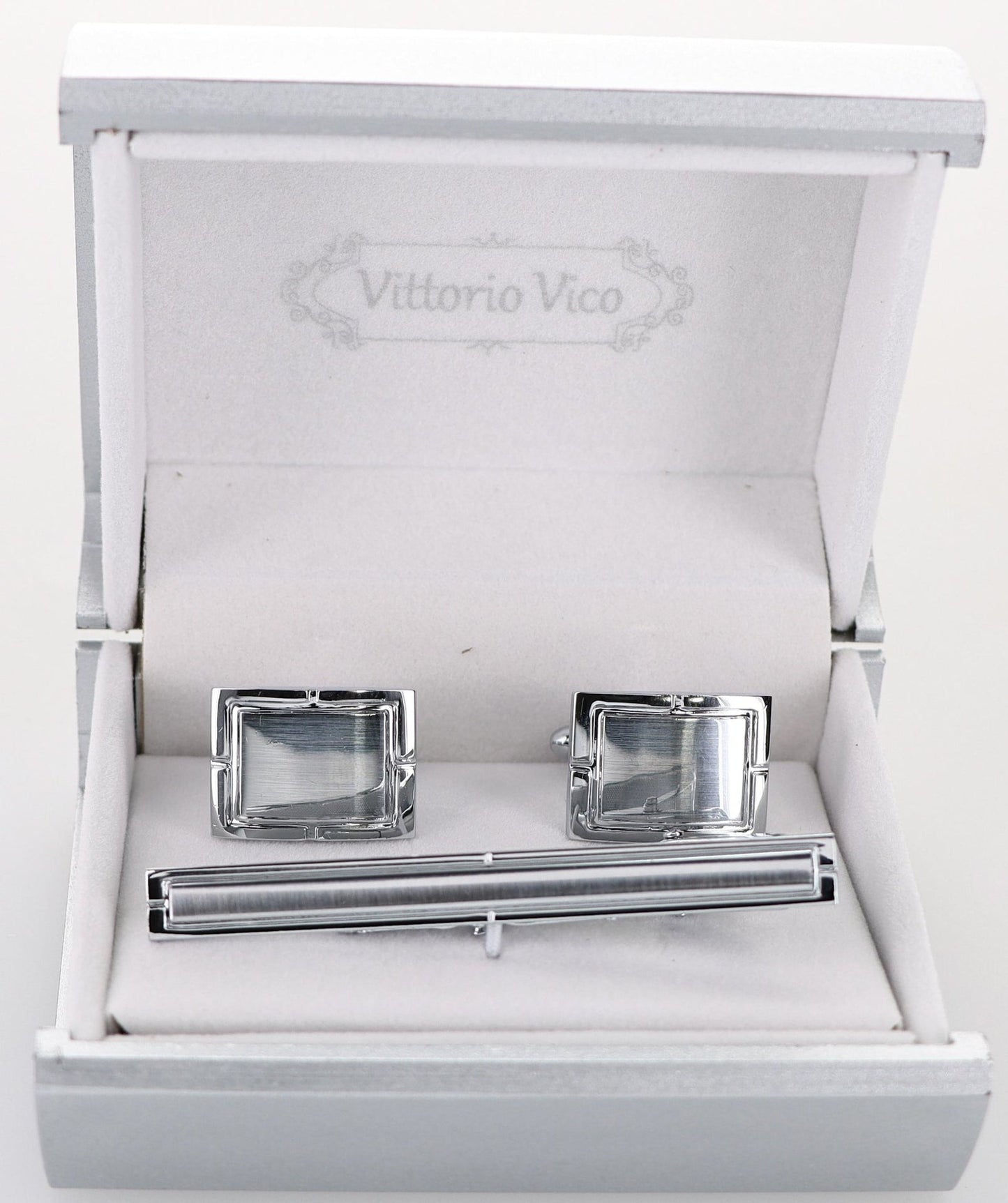 Vittorio Vico Plain Silver Cufflink & Tie Bar Set in Gift Box - CLTB 531 - Cufflink & Tiebar Set - Vittorio Vico