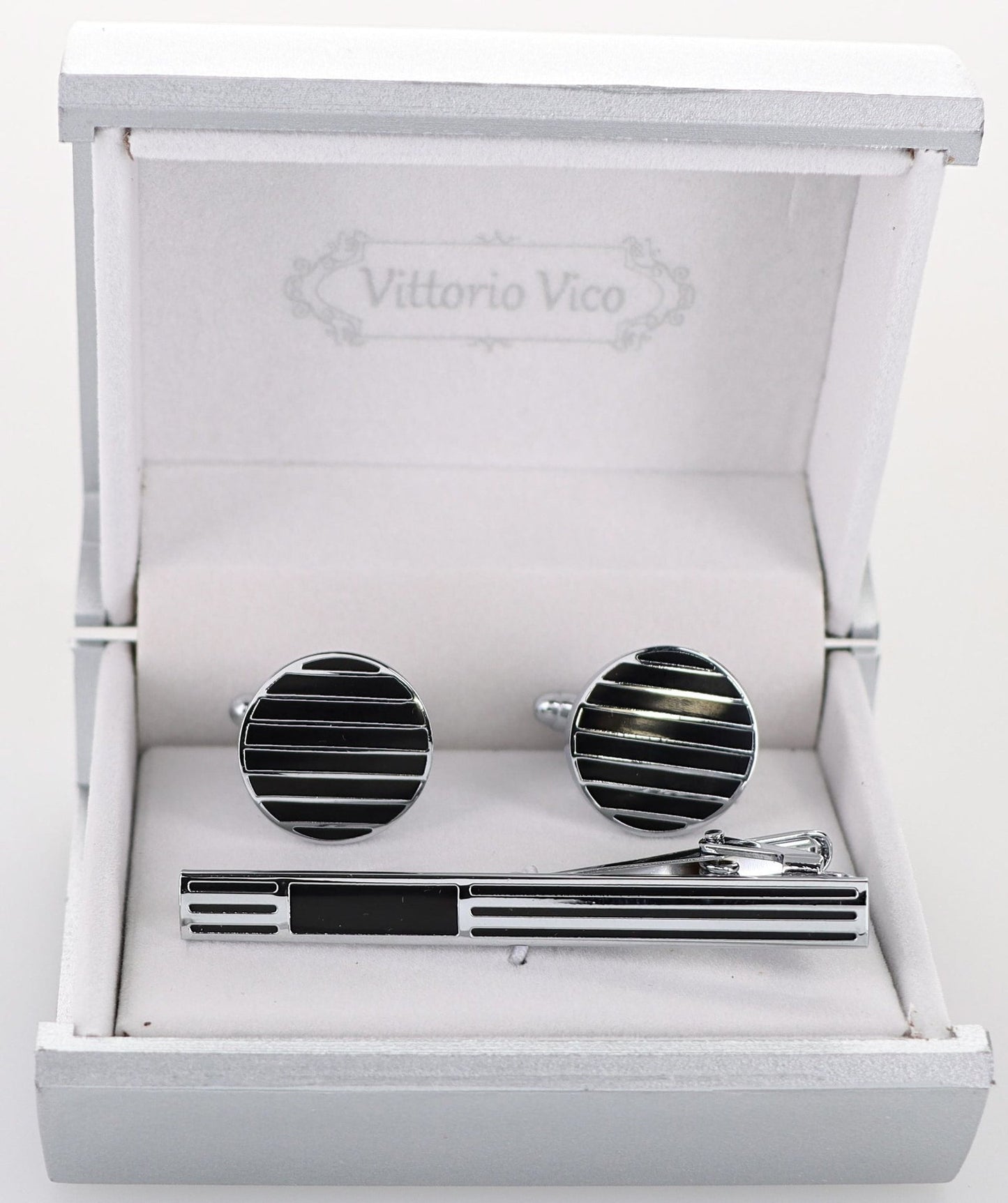 Vittorio Vico Plain Silver Cufflink & Tie Bar Set in Gift Box - CLTB 533 - Cufflink & Tiebar Set - Vittorio Vico