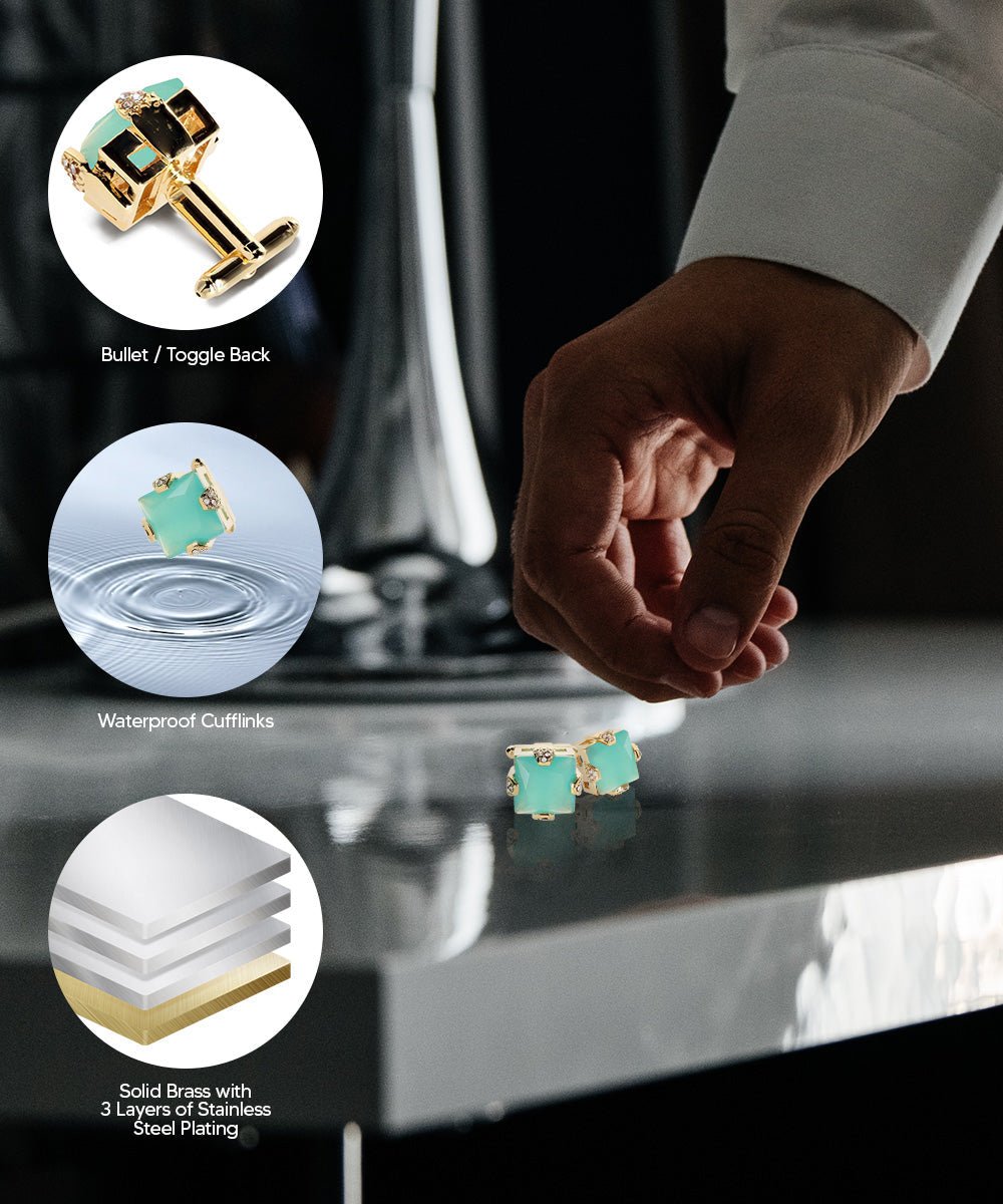 Vittorio Vico Princess Cut Colorstone Cufflinks: CL13XX Series - Aqua and Gold - Cufflinks - Vittorio Vico