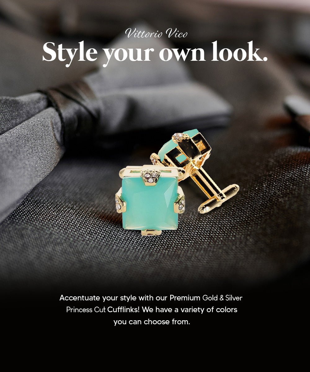 Vittorio Vico Princess Cut Colorstone Cufflinks: CL13XX Series - Aqua and Gold - Cufflinks - Vittorio Vico