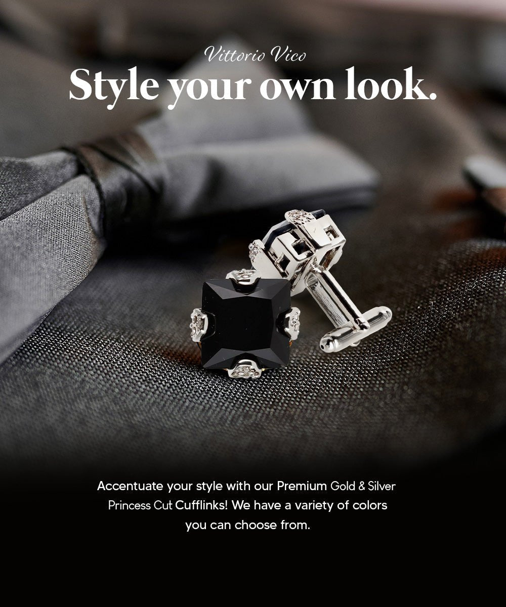 Vittorio Vico Princess Cut Colorstone Cufflinks: CL13XX Series - Black and Silver - Cufflinks - Vittorio Vico