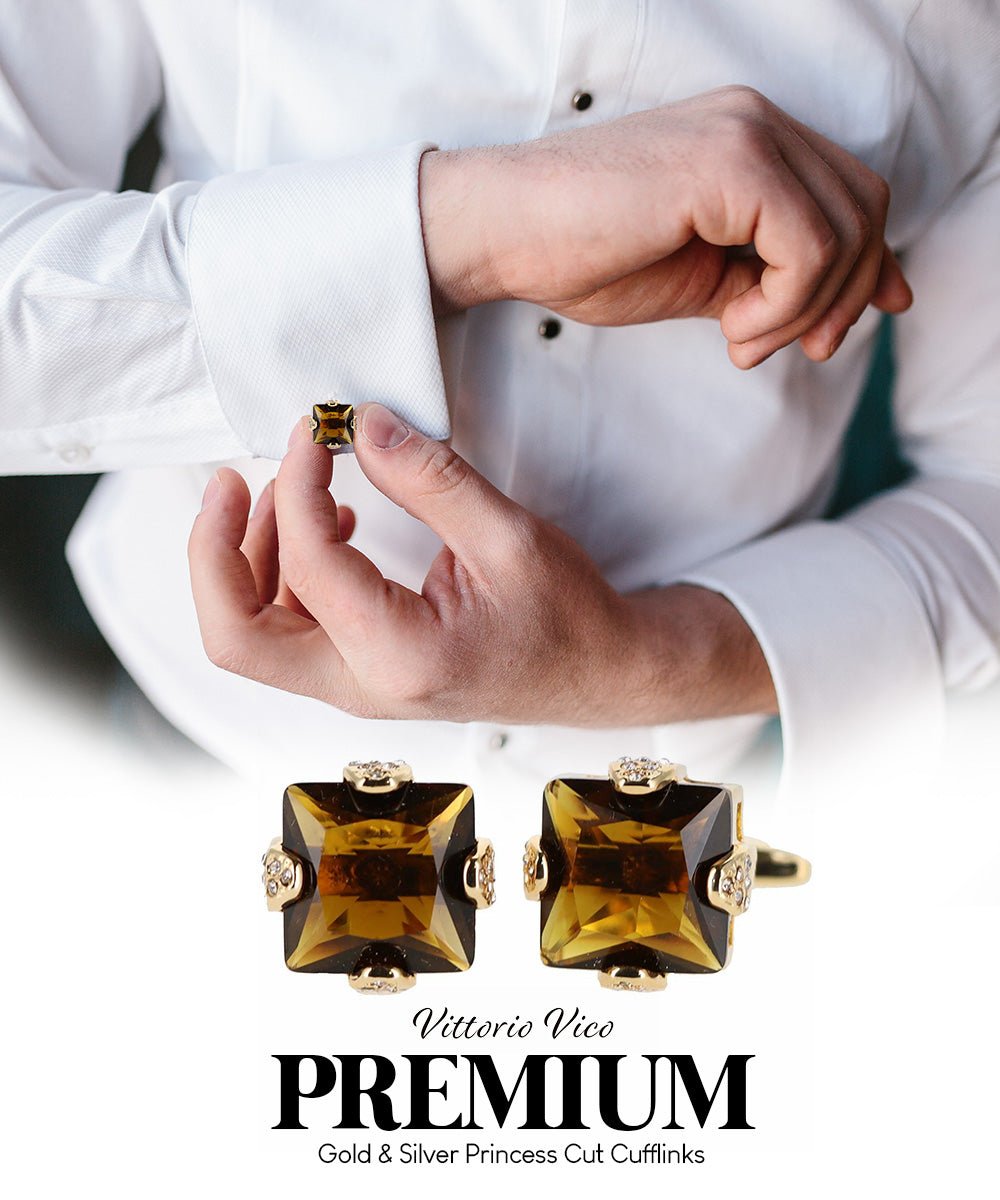 Vittorio Vico Princess Cut Colorstone Cufflinks: CL13XX Series - Brown and Gold - Cufflinks - Vittorio Vico