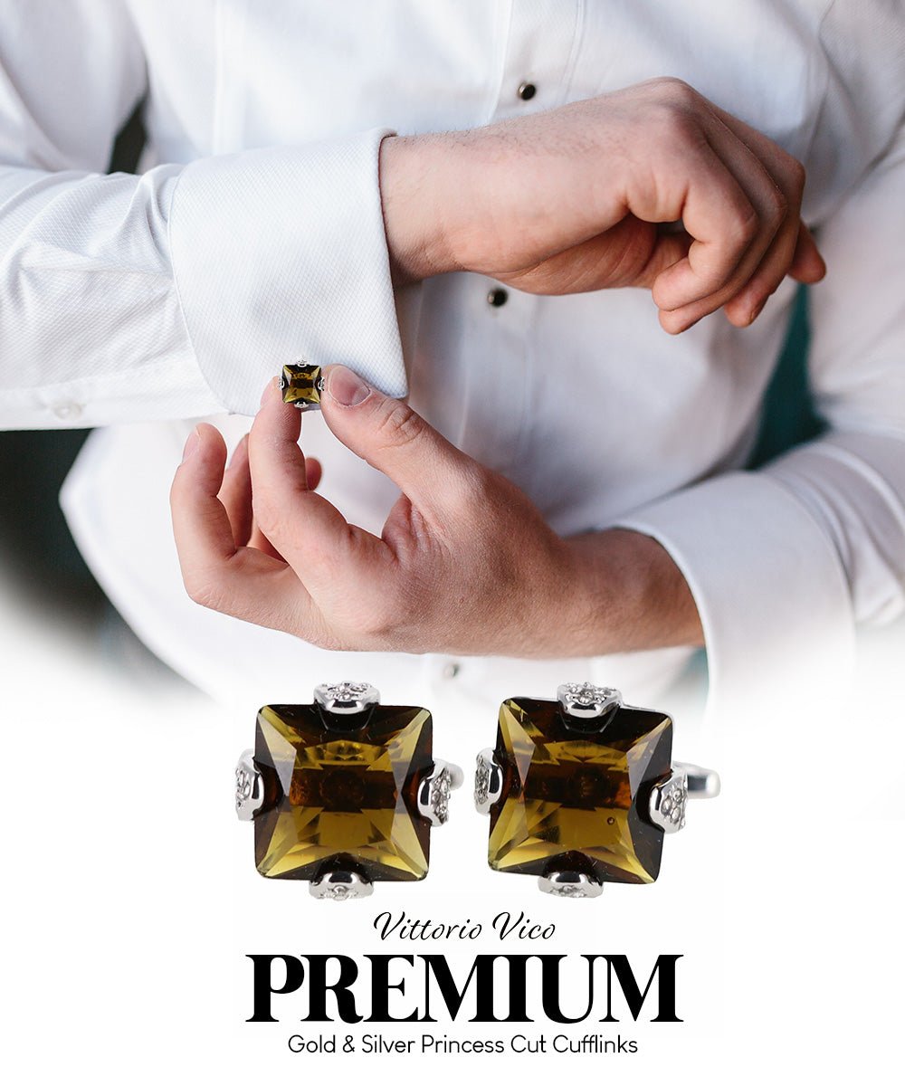 Vittorio Vico Princess Cut Colorstone Cufflinks: CL13XX Series - Brown and Silver - Cufflinks - Vittorio Vico