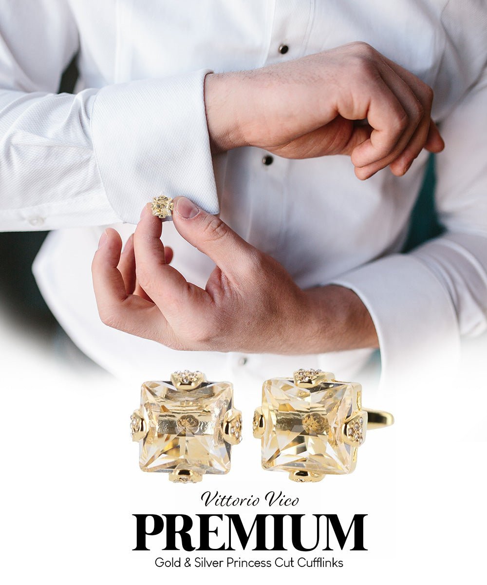 Vittorio Vico Princess Cut Colorstone Cufflinks: CL13XX Series - Clear and Gold - Cufflinks - Vittorio Vico