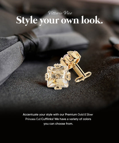 Vittorio Vico Princess Cut Colorstone Cufflinks: CL13XX Series - Clear and Gold - Cufflinks - Vittorio Vico