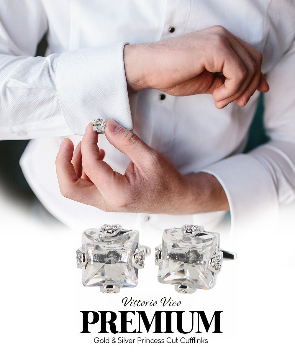 Vittorio Vico Princess Cut Colorstone Cufflinks: CL13XX Series - Clear and Silver - Cufflinks - Vittorio Vico