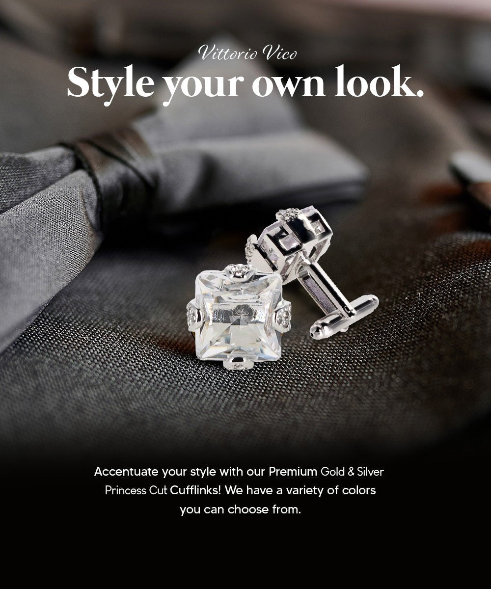 Vittorio Vico Princess Cut Colorstone Cufflinks: CL13XX Series - Clear and Silver - Cufflinks - Vittorio Vico