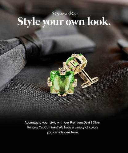 Vittorio Vico Princess Cut Colorstone Cufflinks: CL13XX Series - Emerald Green and Gold - Cufflinks - Vittorio Vico