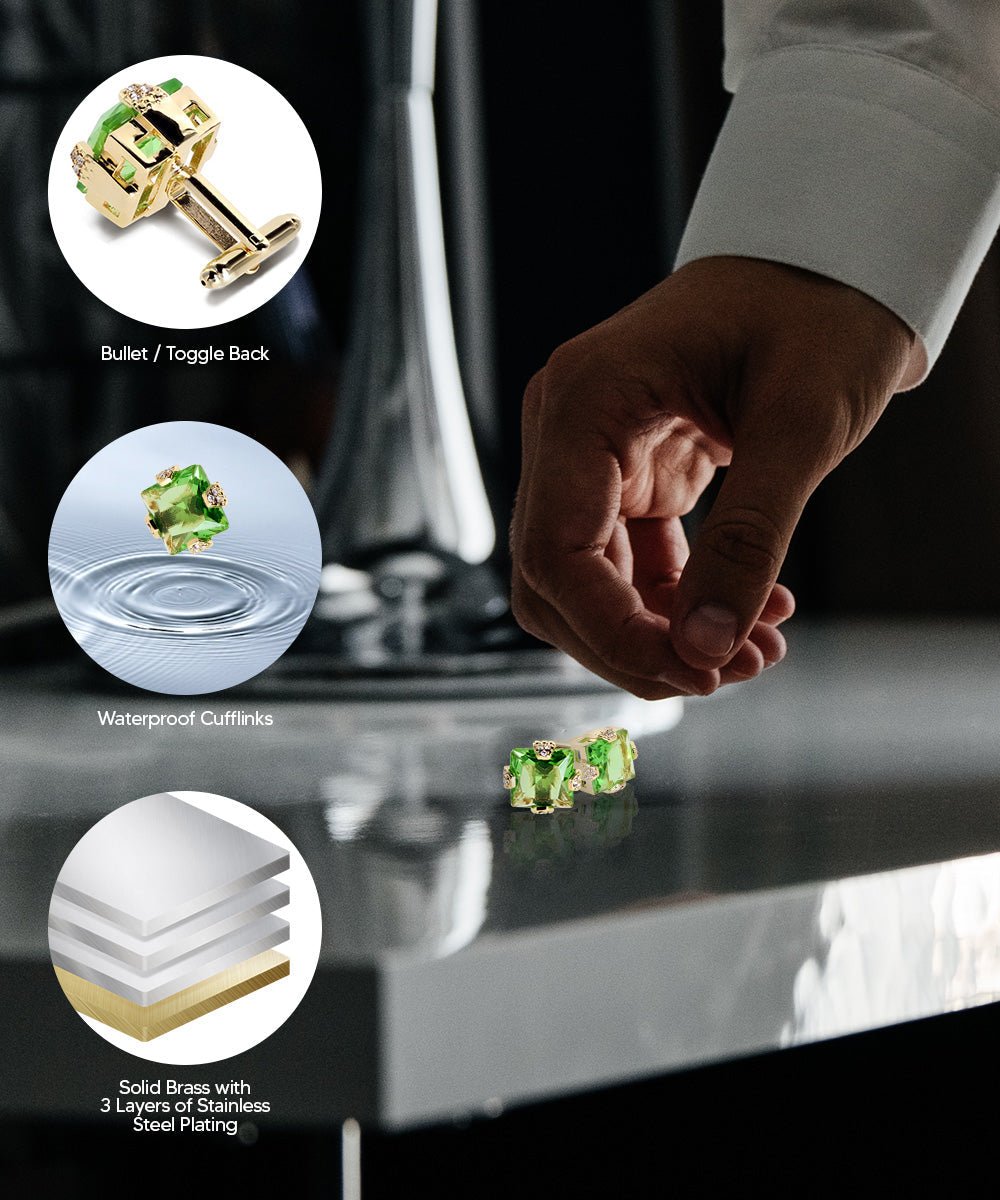 Vittorio Vico Princess Cut Colorstone Cufflinks: CL13XX Series - Emerald Green and Gold - Cufflinks - Vittorio Vico