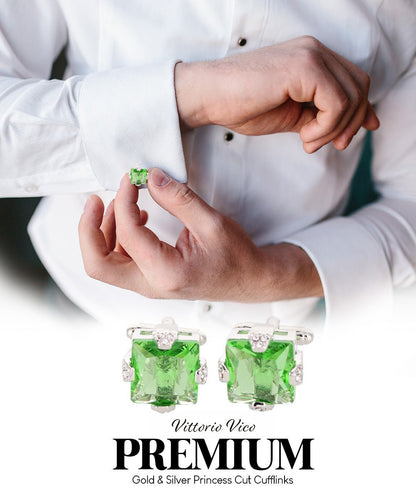 Vittorio Vico Princess Cut Colorstone Cufflinks: CL13XX Series - Emerald Green and Silver - Cufflinks - Vittorio Vico