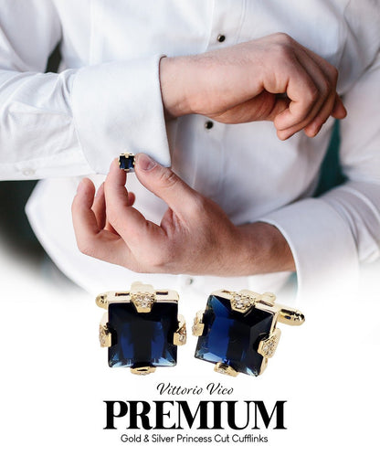 Vittorio Vico Princess Cut Colorstone Cufflinks: CL13XX Series - Navy Blue and Gold - Cufflinks - Vittorio Vico