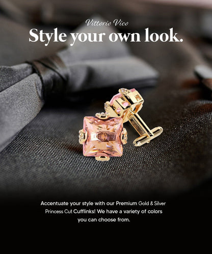 Vittorio Vico Princess Cut Colorstone Cufflinks: CL13XX Series - Pink and Gold - Cufflinks - Vittorio Vico