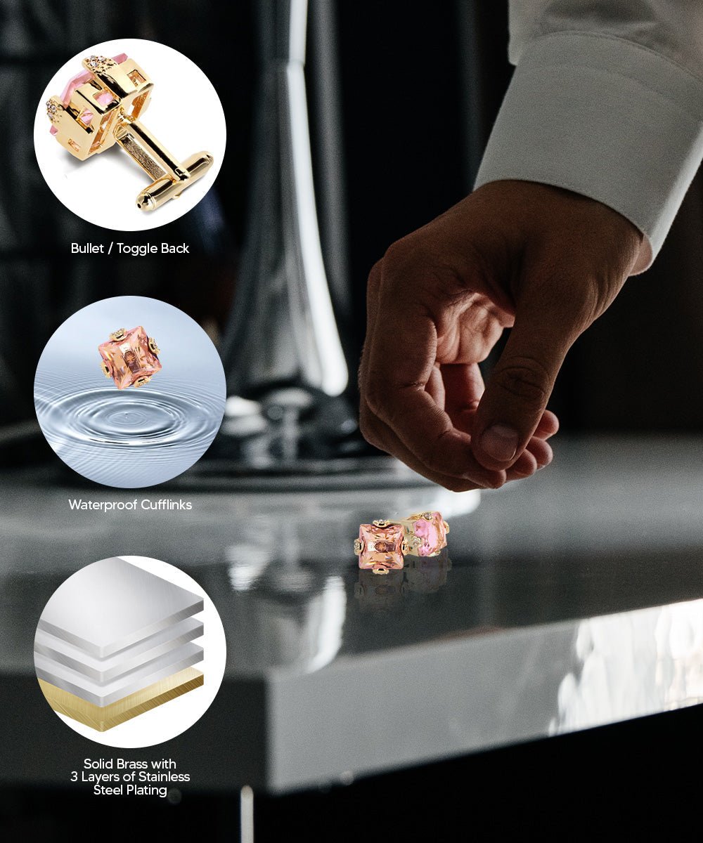 Vittorio Vico Princess Cut Colorstone Cufflinks: CL13XX Series - Pink and Gold - Cufflinks - Vittorio Vico
