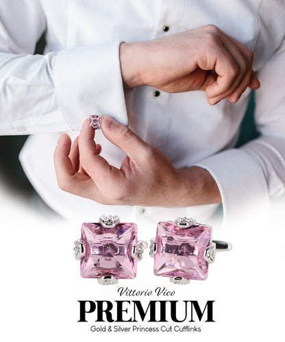 Vittorio Vico Princess Cut Colorstone Cufflinks: CL13XX Series - Pink and Silver - Cufflinks - Vittorio Vico