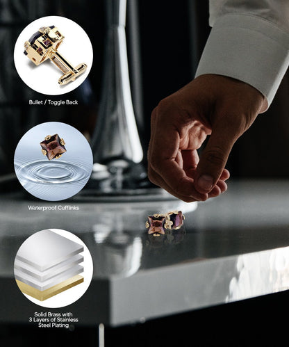 Vittorio Vico Princess Cut Colorstone Cufflinks: CL13XX Series - Purple and Gold - Cufflinks - Vittorio Vico
