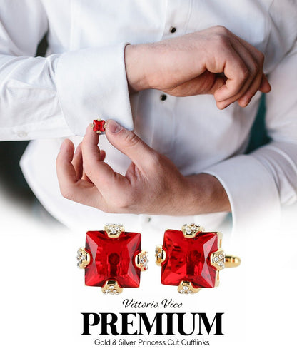 Vittorio Vico Princess Cut Colorstone Cufflinks: CL13XX Series - Red and Gold - Cufflinks - Vittorio Vico