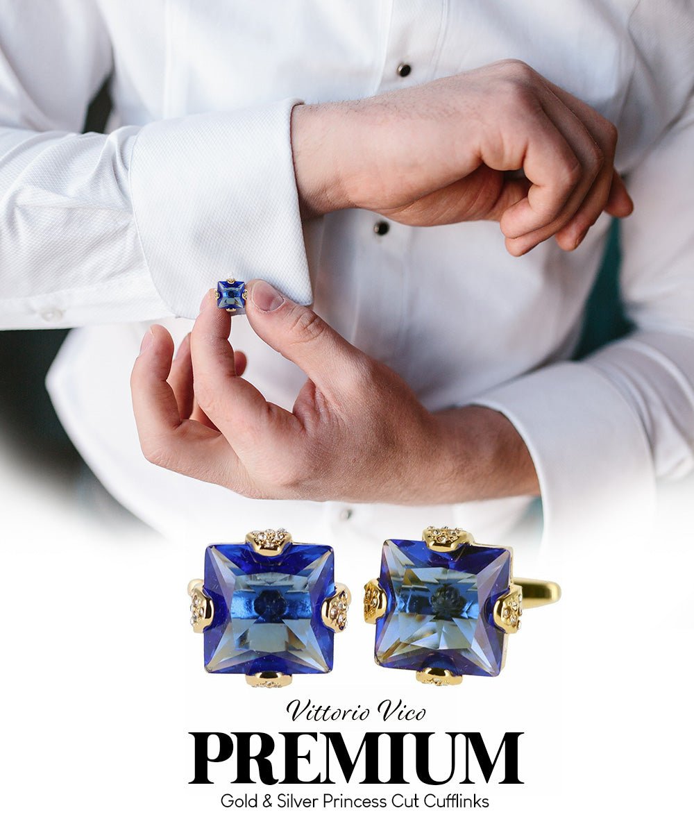 Vittorio Vico Princess Cut Colorstone Cufflinks: CL13XX Series - Royal Blue and Gold - Cufflinks - Vittorio Vico