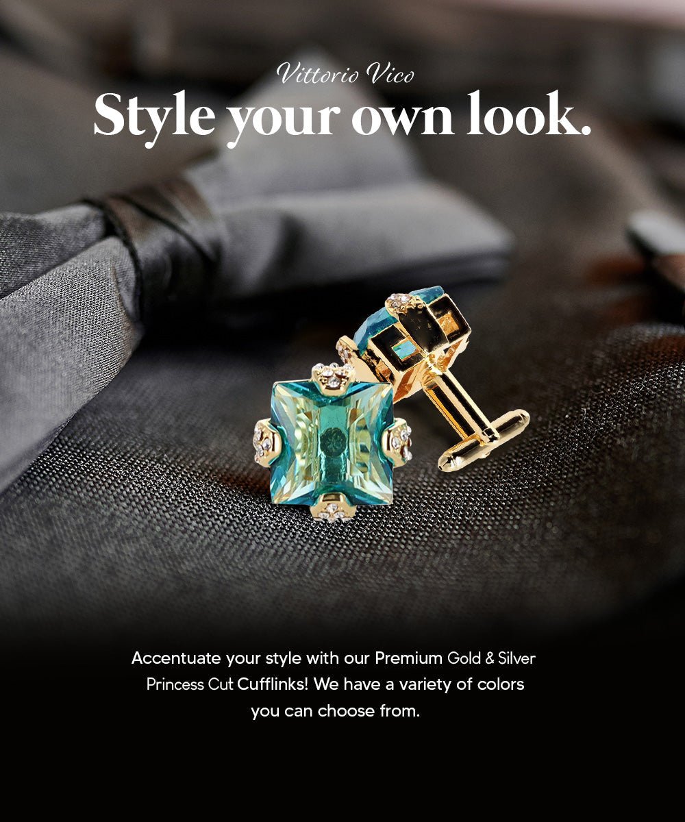 Vittorio Vico Princess Cut Colorstone Cufflinks: CL13XX Series - Turquoise and Gold - Cufflinks - Vittorio Vico