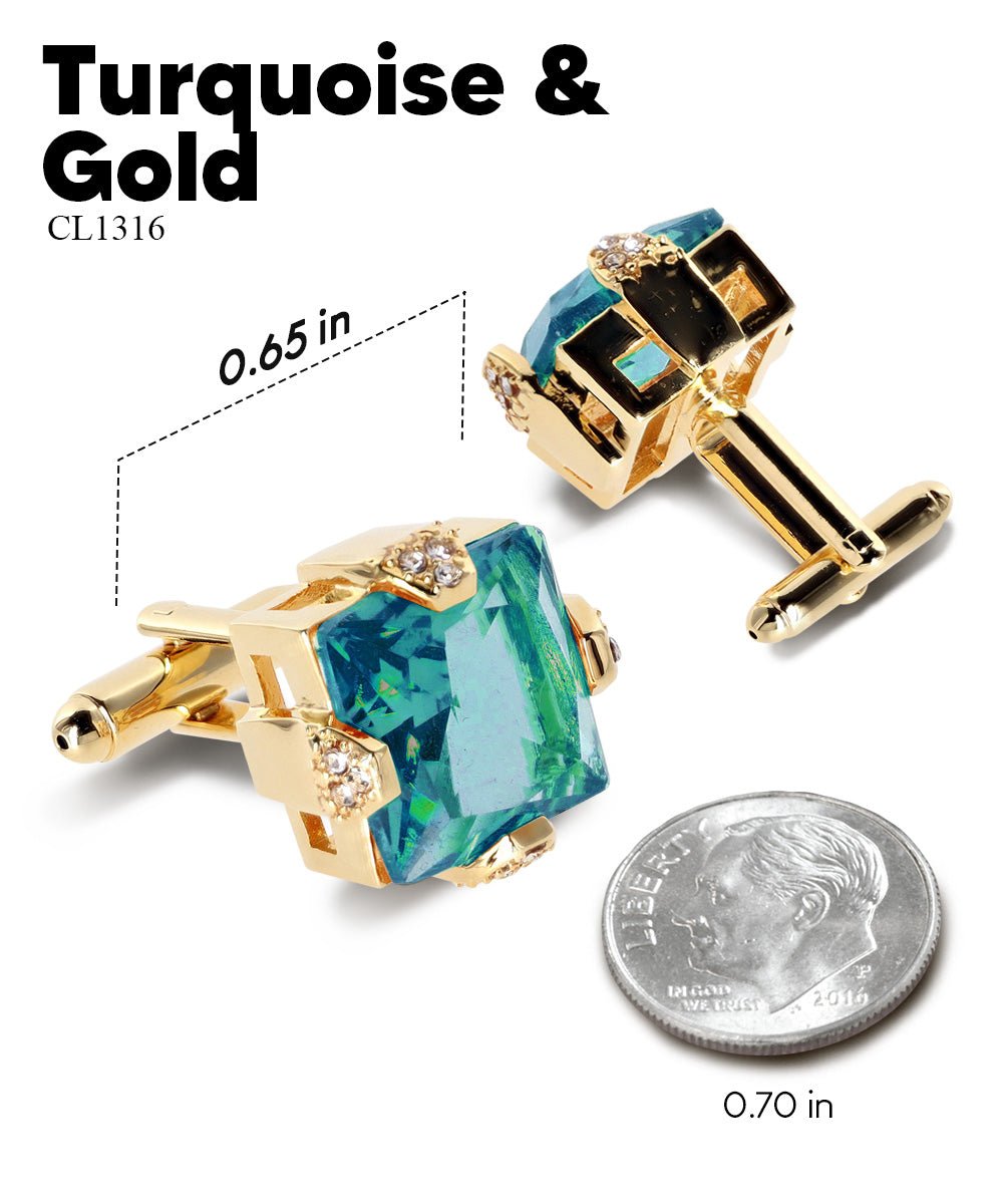 Vittorio Vico Princess Cut Colorstone Cufflinks: CL13XX Series - Turquoise and Gold - Cufflinks - Vittorio Vico