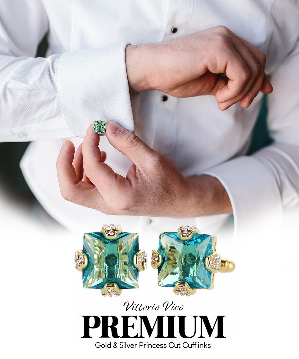 Vittorio Vico Princess Cut Colorstone Cufflinks: CL13XX Series - Turquoise and Gold - Cufflinks - Vittorio Vico