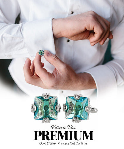 Vittorio Vico Princess Cut Colorstone Cufflinks: CL13XX Series - Turquoise and Silver - Cufflinks - Vittorio Vico