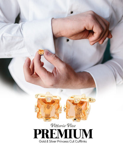 Vittorio Vico Princess Cut Colorstone Cufflinks: CL13XX Series - Yellow and Gold - Cufflinks - Vittorio Vico