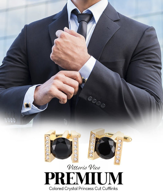 Vittorio Vico Princess Cut Crystal Colorstone Cufflinks: CL14XX Series - Black and Gold - Cufflinks - Vittorio Vico