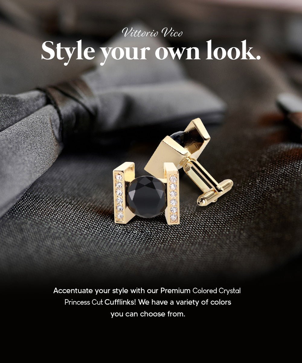 Vittorio Vico Princess Cut Crystal Colorstone Cufflinks: CL14XX Series - Black and Gold - Cufflinks - Vittorio Vico