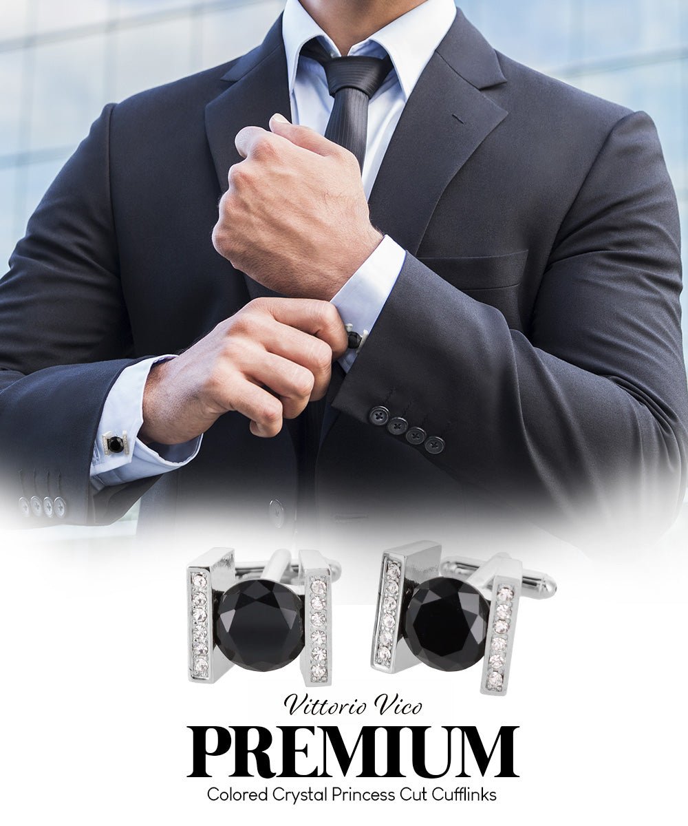 Vittorio Vico Princess Cut Crystal Colorstone Cufflinks: CL14XX Series - Black and Silver - Cufflinks - Vittorio Vico