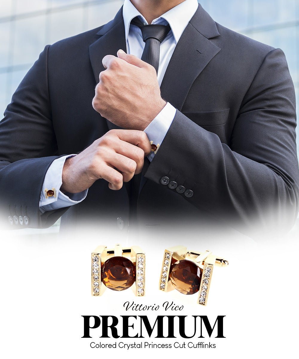 Vittorio Vico Princess Cut Crystal Colorstone Cufflinks: CL14XX Series - Brown and Gold - Cufflinks - Vittorio Vico