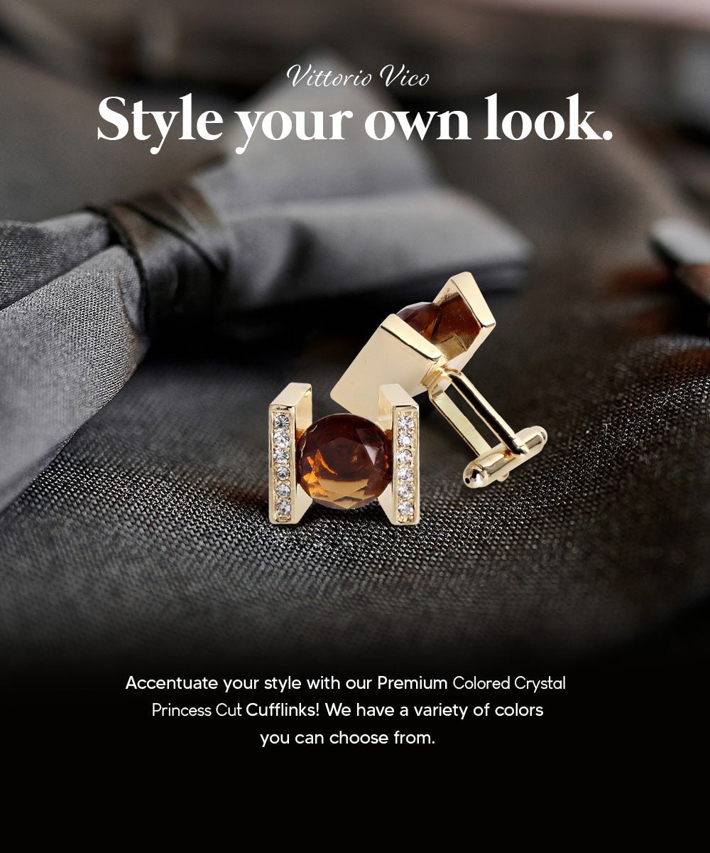 Vittorio Vico Princess Cut Crystal Colorstone Cufflinks: CL14XX Series - Brown and Gold - Cufflinks - Vittorio Vico