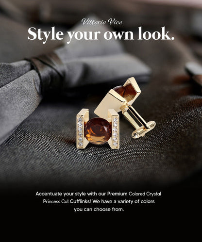 Vittorio Vico Princess Cut Crystal Colorstone Cufflinks: CL14XX Series - Brown and Gold - Cufflinks - Vittorio Vico