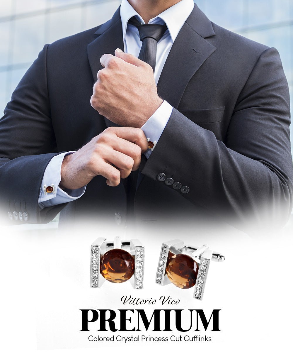 Vittorio Vico Princess Cut Crystal Colorstone Cufflinks: CL14XX Series - Brown and Silver - Cufflinks - Vittorio Vico