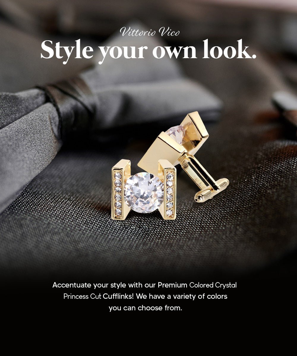 Vittorio Vico Princess Cut Crystal Colorstone Cufflinks: CL14XX Series - Clear and Gold - Cufflinks - Vittorio Vico