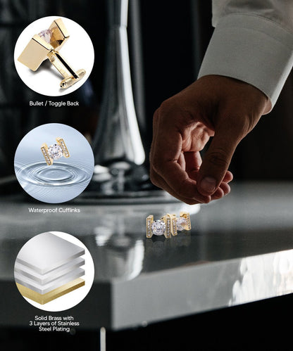 Vittorio Vico Princess Cut Crystal Colorstone Cufflinks: CL14XX Series - Clear and Gold - Cufflinks - Vittorio Vico