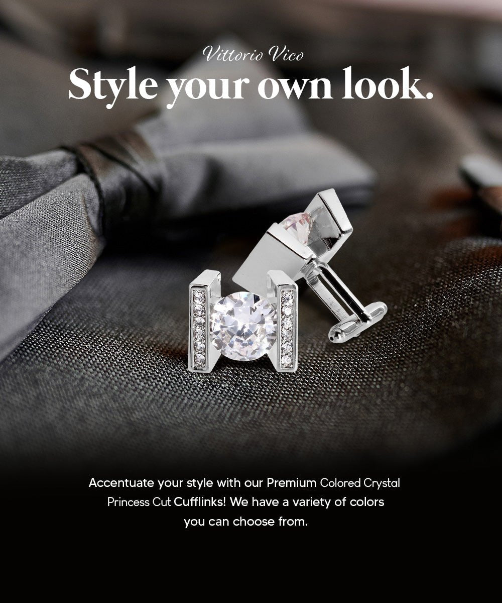 Vittorio Vico Princess Cut Crystal Colorstone Cufflinks: CL14XX Series - Clear and Silver - Cufflinks - Vittorio Vico