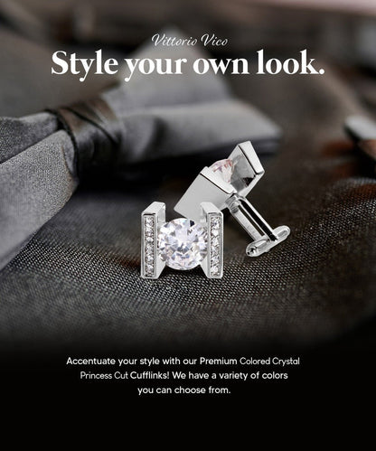 Vittorio Vico Princess Cut Crystal Colorstone Cufflinks: CL14XX Series - Clear and Silver - Cufflinks - Vittorio Vico