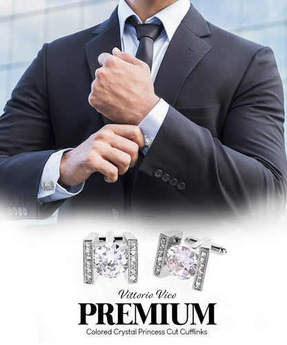 Vittorio Vico Princess Cut Crystal Colorstone Cufflinks: CL14XX Series - Clear and Silver - Cufflinks - Vittorio Vico