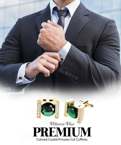 Vittorio Vico Princess Cut Crystal Colorstone Cufflinks: CL14XX Series - Emerald Green and Gold - Cufflinks - Vittorio Vico