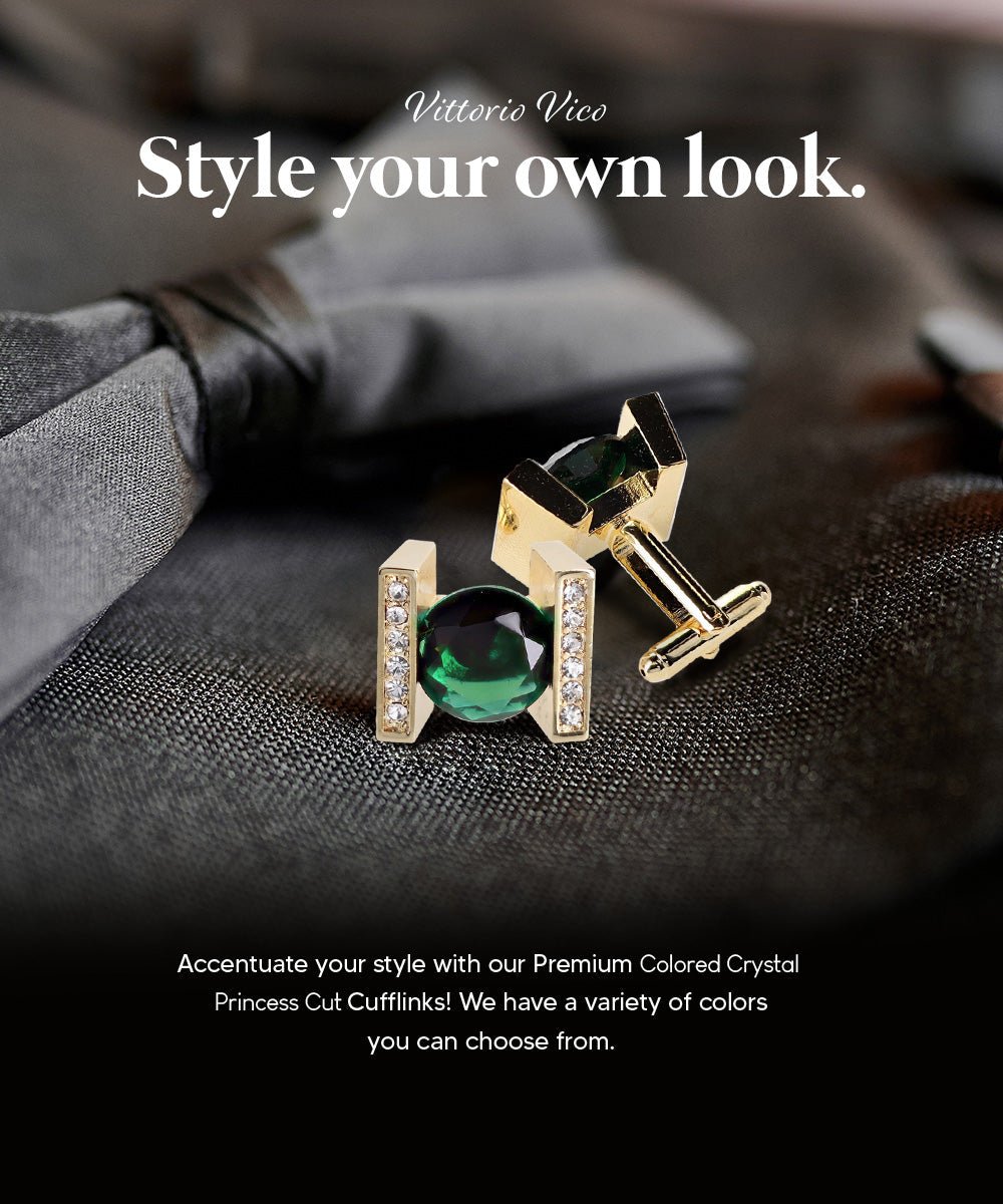 Vittorio Vico Princess Cut Crystal Colorstone Cufflinks: CL14XX Series - Emerald Green and Gold - Cufflinks - Vittorio Vico
