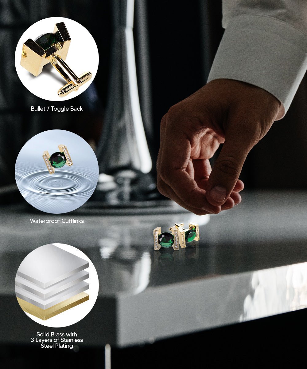 Vittorio Vico Princess Cut Crystal Colorstone Cufflinks: CL14XX Series - Emerald Green and Gold - Cufflinks - Vittorio Vico