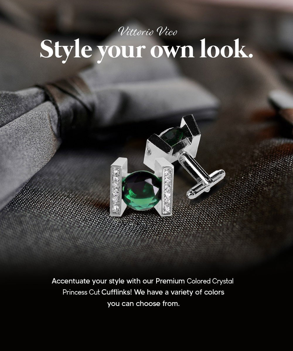 Vittorio Vico Princess Cut Crystal Colorstone Cufflinks: CL14XX Series - Emerald Green and Silver - Cufflinks - Vittorio Vico