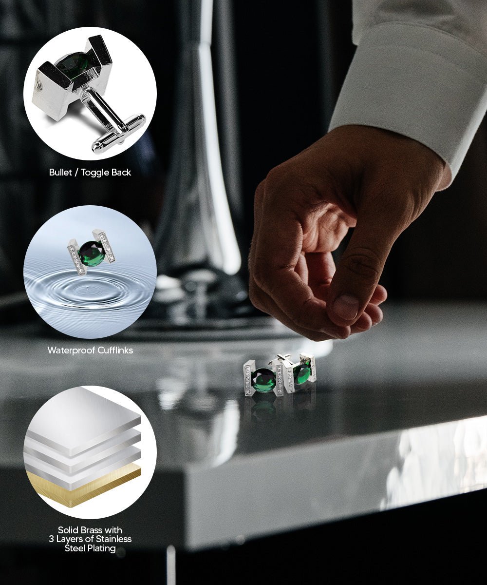 Vittorio Vico Princess Cut Crystal Colorstone Cufflinks: CL14XX Series - Emerald Green and Silver - Cufflinks - Vittorio Vico