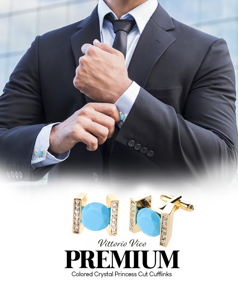 Vittorio Vico Princess Cut Crystal Colorstone Cufflinks: CL14XX Series - Matte Sky Blue and Gold - Cufflinks - Vittorio Vico