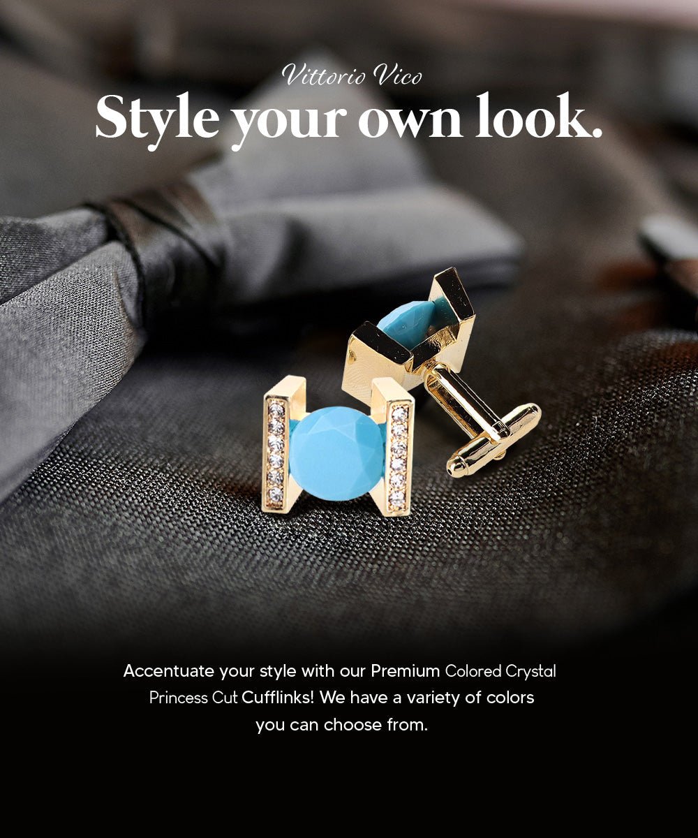 Vittorio Vico Princess Cut Crystal Colorstone Cufflinks: CL14XX Series - Matte Sky Blue and Gold - Cufflinks - Vittorio Vico