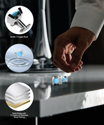 Vittorio Vico Princess Cut Crystal Colorstone Cufflinks: CL14XX Series - Matte Sky Blue and Silver - Cufflinks - Vittorio Vico