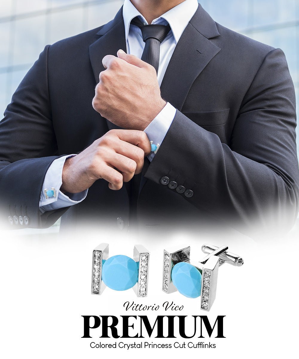 Vittorio Vico Princess Cut Crystal Colorstone Cufflinks: CL14XX Series - Matte Sky Blue and Silver - Cufflinks - Vittorio Vico