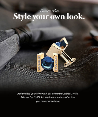 Vittorio Vico Princess Cut Crystal Colorstone Cufflinks: CL14XX Series - Navy Blue and Gold - Cufflinks - Vittorio Vico