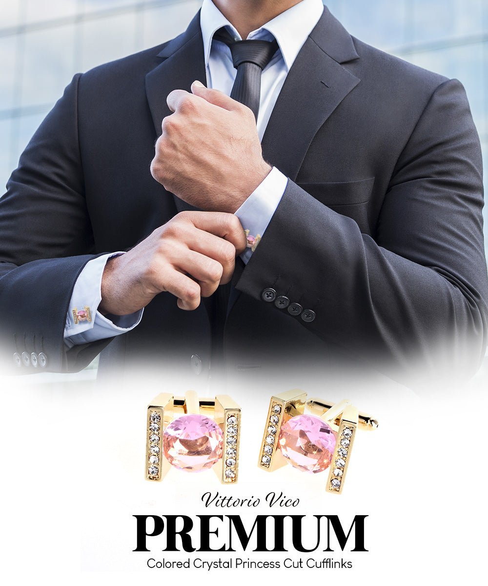 Vittorio Vico Princess Cut Crystal Colorstone Cufflinks: CL14XX Series - Pink and Gold - Cufflinks - Vittorio Vico