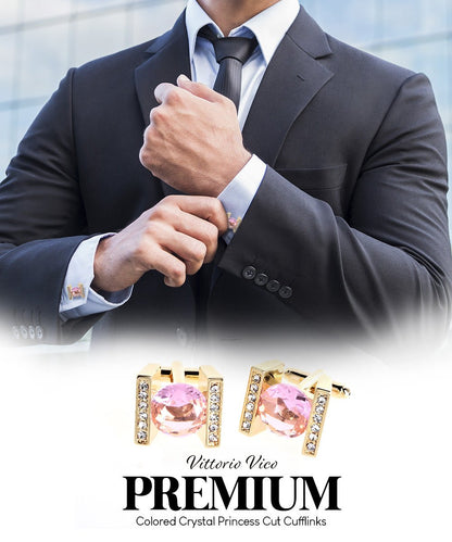 Vittorio Vico Princess Cut Crystal Colorstone Cufflinks: CL14XX Series - Pink and Gold - Cufflinks - Vittorio Vico